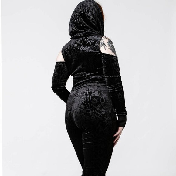 Killstar ✦ Lowkey Velvet Hooded Crop Top ✦ Cold Shoulder Gothic Cutout L NWT - Picture 6 of 8